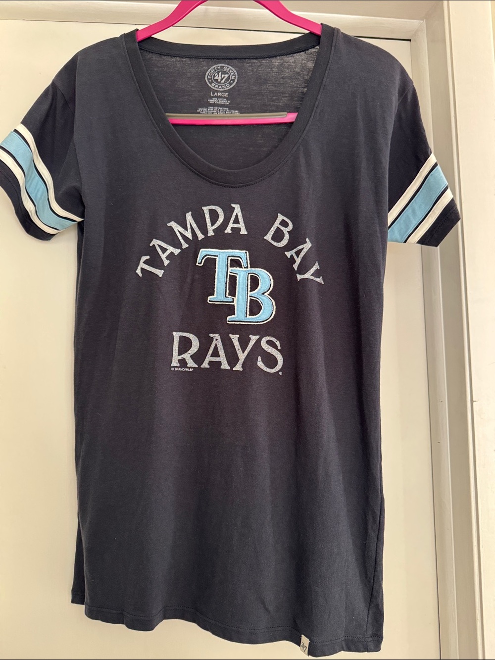 '47 Tampa Bay Rays Navy Tee with Light Blue and White Sleeve Stripes